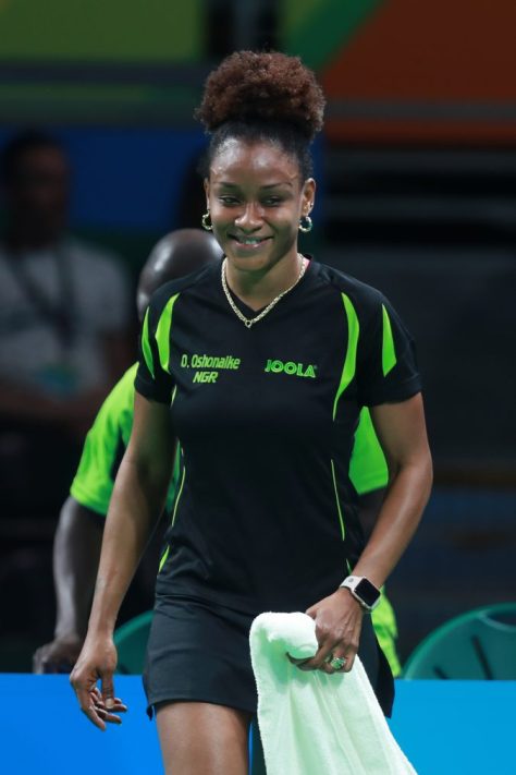 Olufunke Oshonaike (NGR) after escaping a scare in the preliminary round of the women's singles in Rio on Saturday, August 6. PHOTO: ITTF
