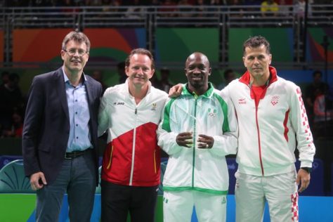 ITTF President, Thomas Weikert; Belgium's Jean-Michel Saive; inductee, Nigeria's Segun Toriola and Croatia's Zoran Primorac during the special award to Toriola as the first African to attend seven Olympic Games in Rio on Friday August 12, 20016.